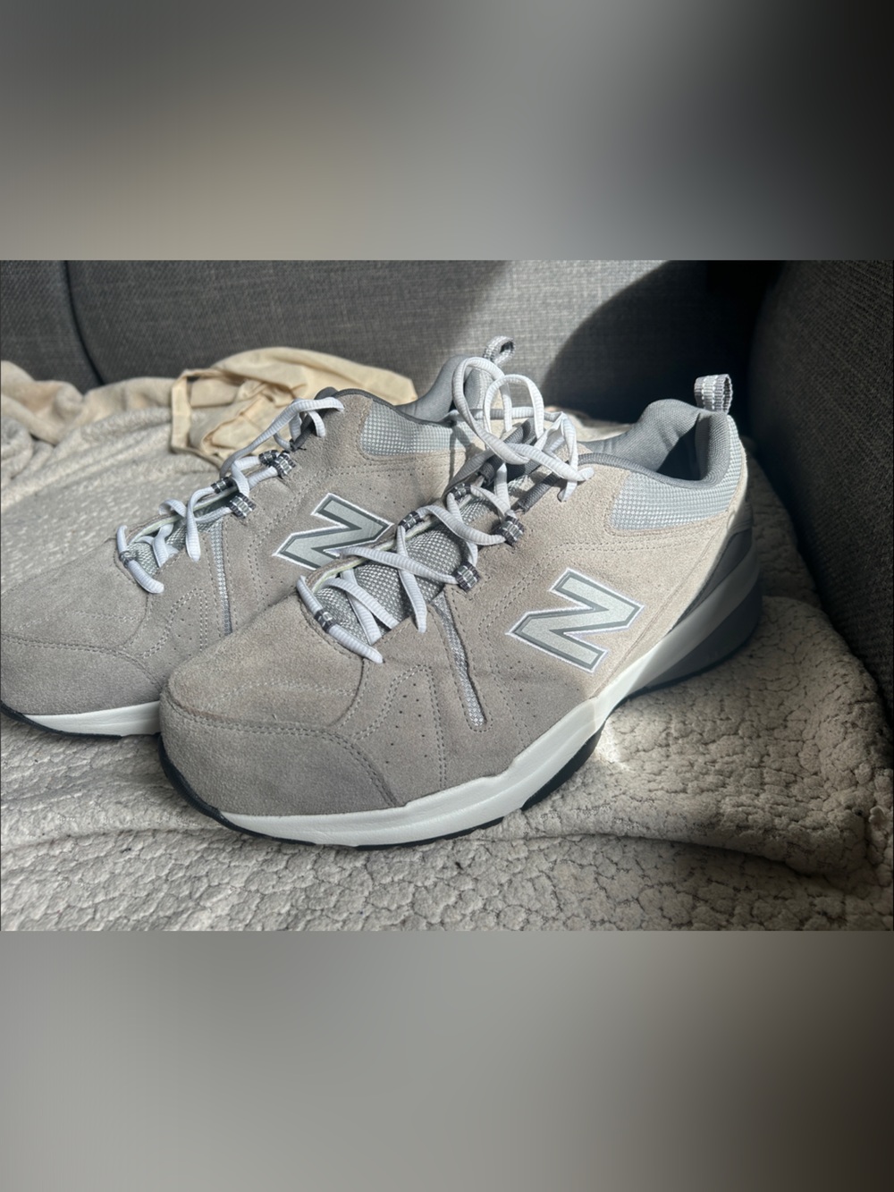 New Balance 608 Men’s Sneakers in Light Taupe and Gray with Cream Laces